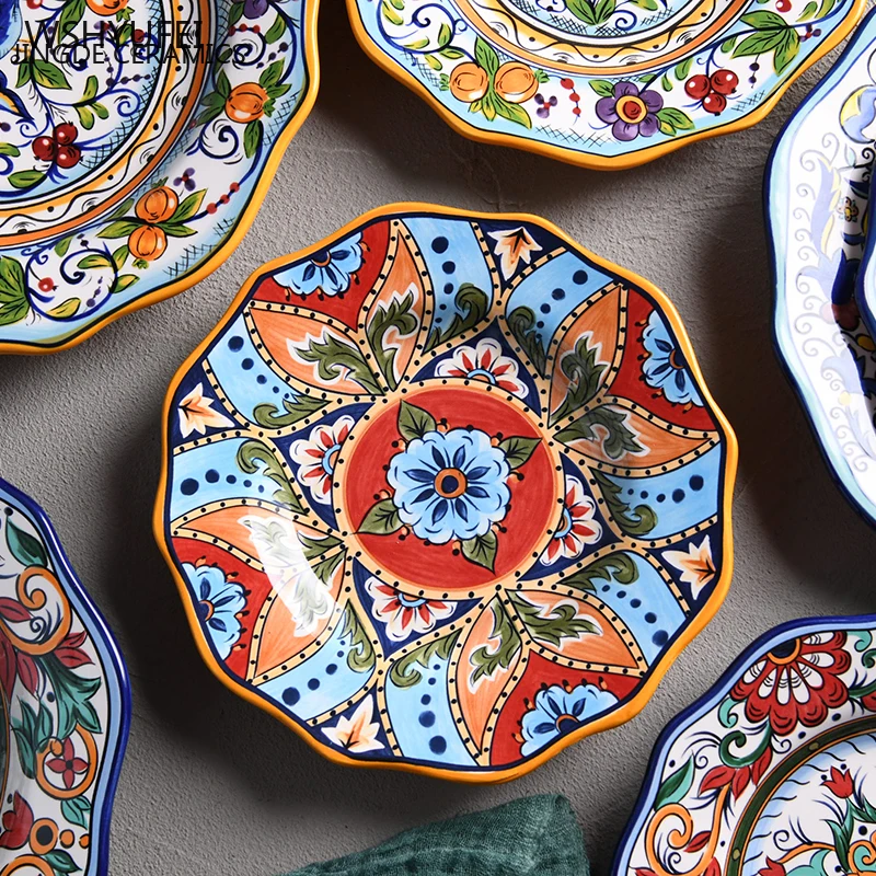 

Hand-painted flowers ethnic style ceramic tableware western flat steak salad food snacks dessert cake storage decorative plate