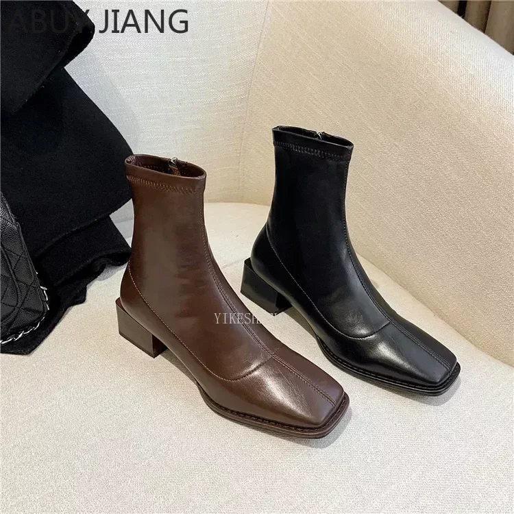 Autumn Winter Square Toe British Mid-heel Ankle Boots Brown Thick-heel Boots Women\'s Elastic Boots Booties Woman Boot Shoes High