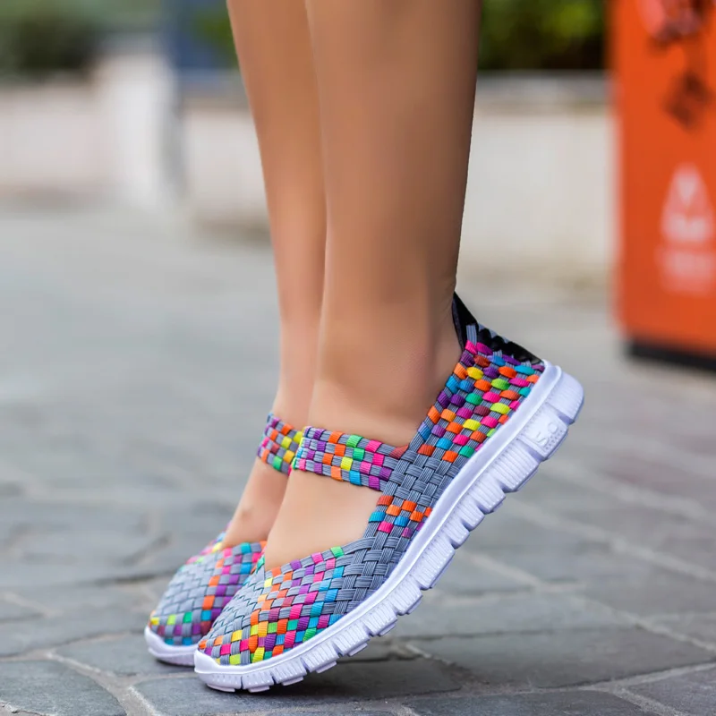 

Summer Women Breathable Walking Running Sport Women Woven Shoes Anti Slip Handmade Weave Light Flats Mother Shoe Big Size