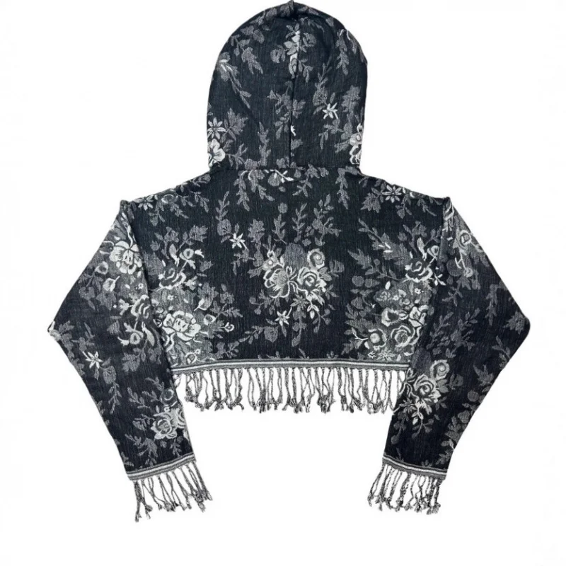 

Ethnic Sle Printed Loose Hooded Sweatirt Top with Tassel oulder Scarf Briti Faion ort Sve Women's T-irt