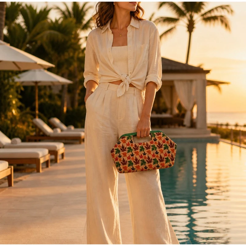 Handtasche mit Obergriff, Clutch aus gewebtem Stroh, Hobo-Tasche in Ahornblatt-Farbblock-Design, Damen-Sommermode-Abendtasche mit Farbkontrast – Detail 17
