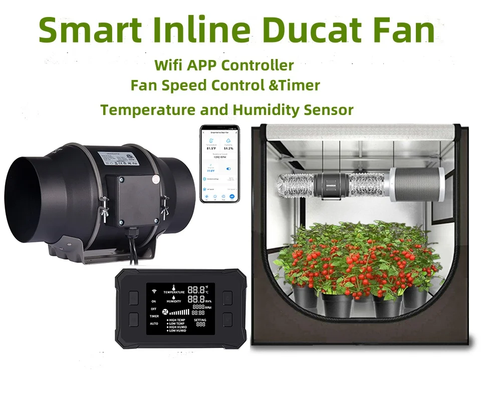 Dropshipping 8 Inch Inline Duct Fan 830 CFM Smart APP Temperature Humidity Controller 200mm HVAC Exhaust Ventilation Fan