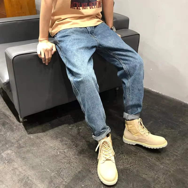 American European New Fashion Men's Blue Washed Straight Loose Casual Trendy Denim Trousers Male Jeans Pants Streetwear Clothes