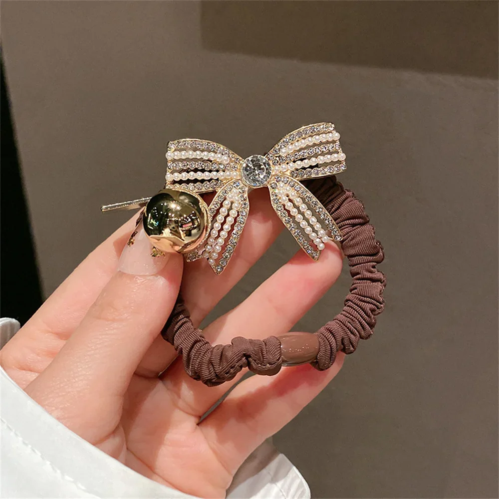 Fashion Imitation Pearl Rhinestone Bowknot Hair Rope Elegant Solid Color Bow Hair Ring Women Girls Ponytail Bun Hairband Gifts