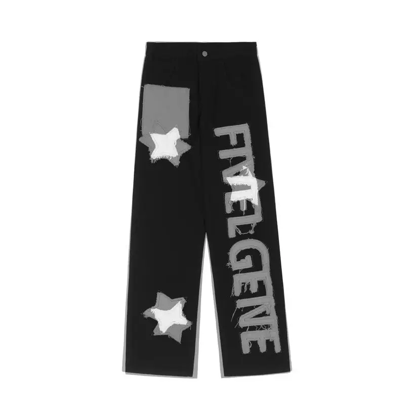 American High Street Letter Patch Hip Hop Jeans Men'S Hiphop Retro Straight Leg Men'S Pants Fashion
