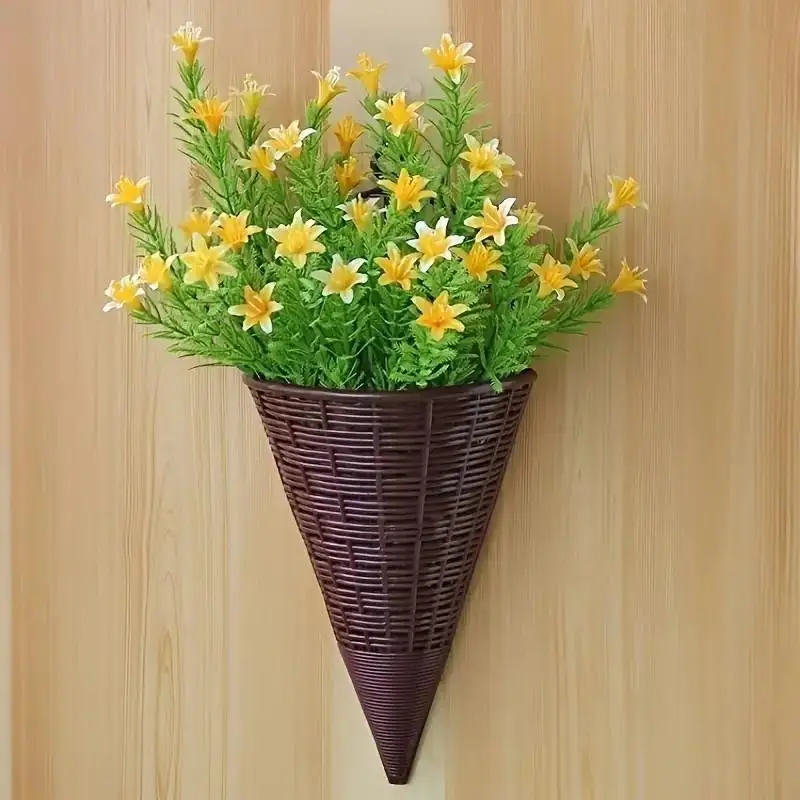 Brown Wall Hanging Cone Planters Imitation Rattan Weave Waterproof Vintage for Indoor Outdoor Hanging Plant Decor