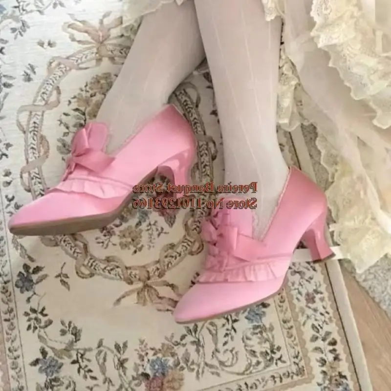

Japanese Style Butterfly Bowtie Short Heels Pumps Pink Satin Lace Slip On Lolita Shoes Ribbon Knot Round Toe Girl Dress Shoes