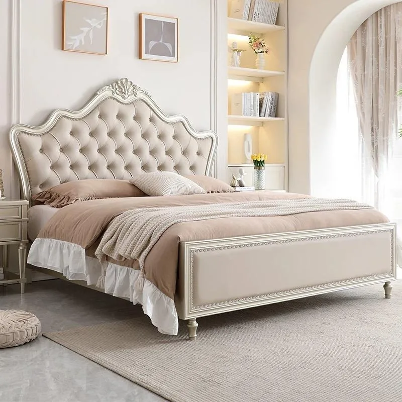 Cama King Size de Lujo Europeo Minimalista Francés, Tapizada en Cuero, con Plataforma de Madera, Cama Doble Matrimonial Queen de Madera