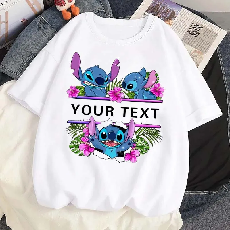 Disney Ohana Graphic Printed T Shirt Stitch & Lilo Iron Tshirts Summer Women Casual O-Neck Tshirt Streetwear Harajuku Tees Tops