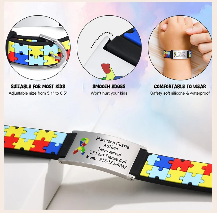 Personalisiertes Autismus-Asperger-Armband für kleine Jungen und Mädchen, graviertes medizinisches Alarm-ID, verstellbares Silikonarmband, graviertes Geschenk – Detail 5