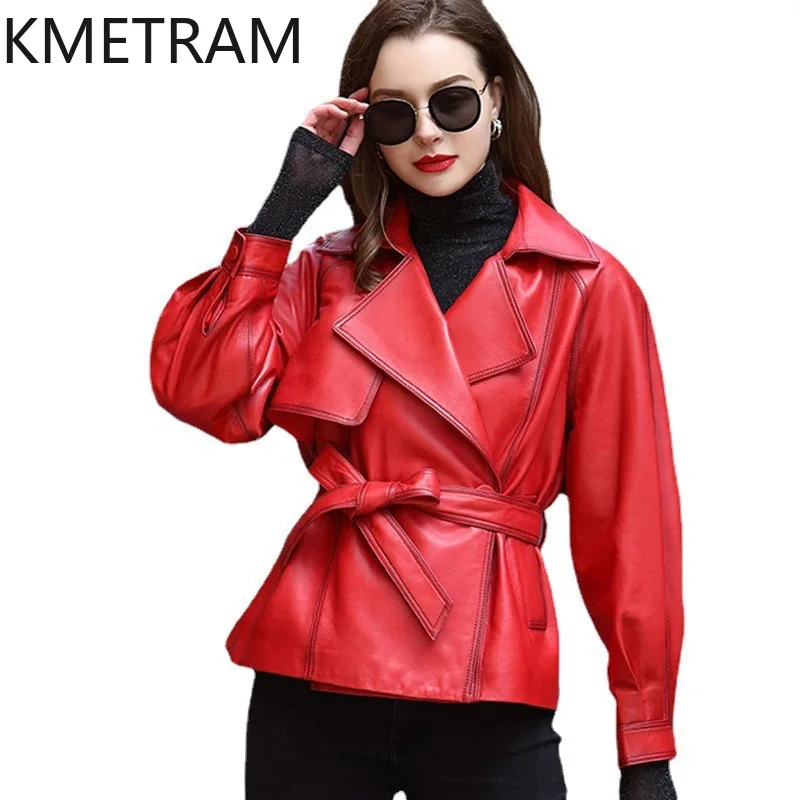 Veste en cuir véritable 100% peau de mouton pour femme, vestes courtes de luxe avec ceinture, mode automne, vêtements d'hiver, 2024