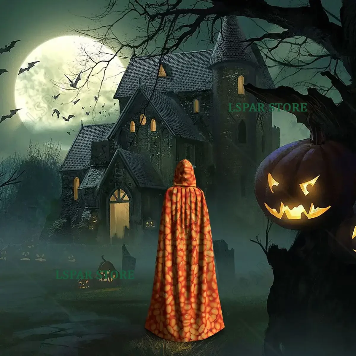 Baked Beans In Things Pattern Long Hooded Cloak Witch Medieval Costume Cosplay Cape HalloweenParty Adult Unisex - view 5