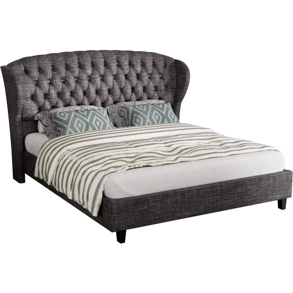 

Queen Bed Frame, Linen Curved Upholstered Bed, Headboard with Shell Wingback, No Springs Required, Queen Bed Frame