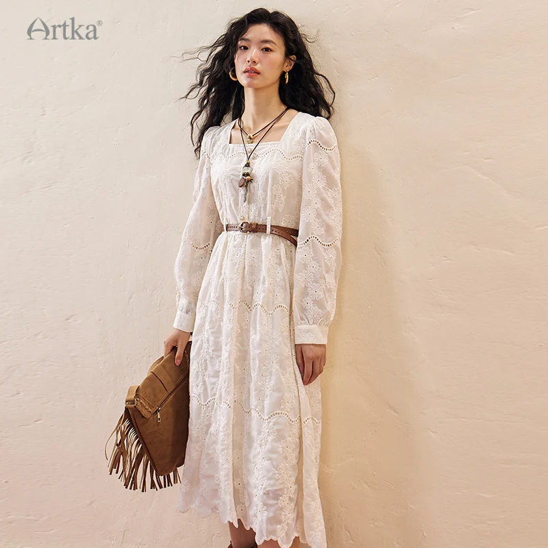 ARTKA 2023 Autumn New Women Dress Elegant Lace Embroidery Square Neck Dresses Long Sleeve White Midi Dress With Belt LA92530Q