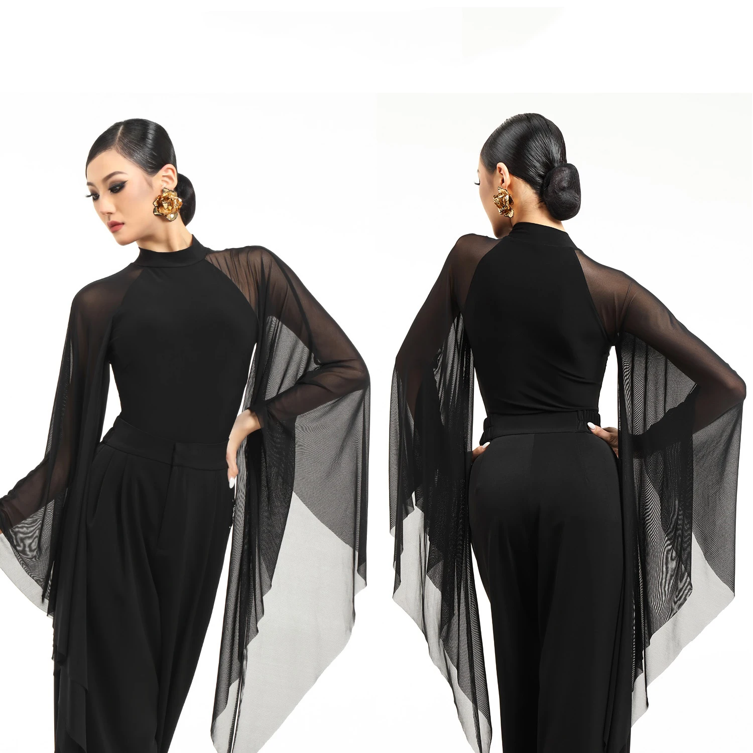 

Сетчатые топы с большими рукавами для бальных танцев, черное боди, костюм для выступлений, одежда для вальса, одежда для выпускного вечера, одежда для соревнований BL16823