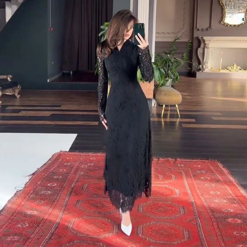 

Black Lace Hollow Evening Dress Vintage Mermaid Long Sleeve Jumpsuit High Waisted Slim Fit Robes de Novia Women Wear