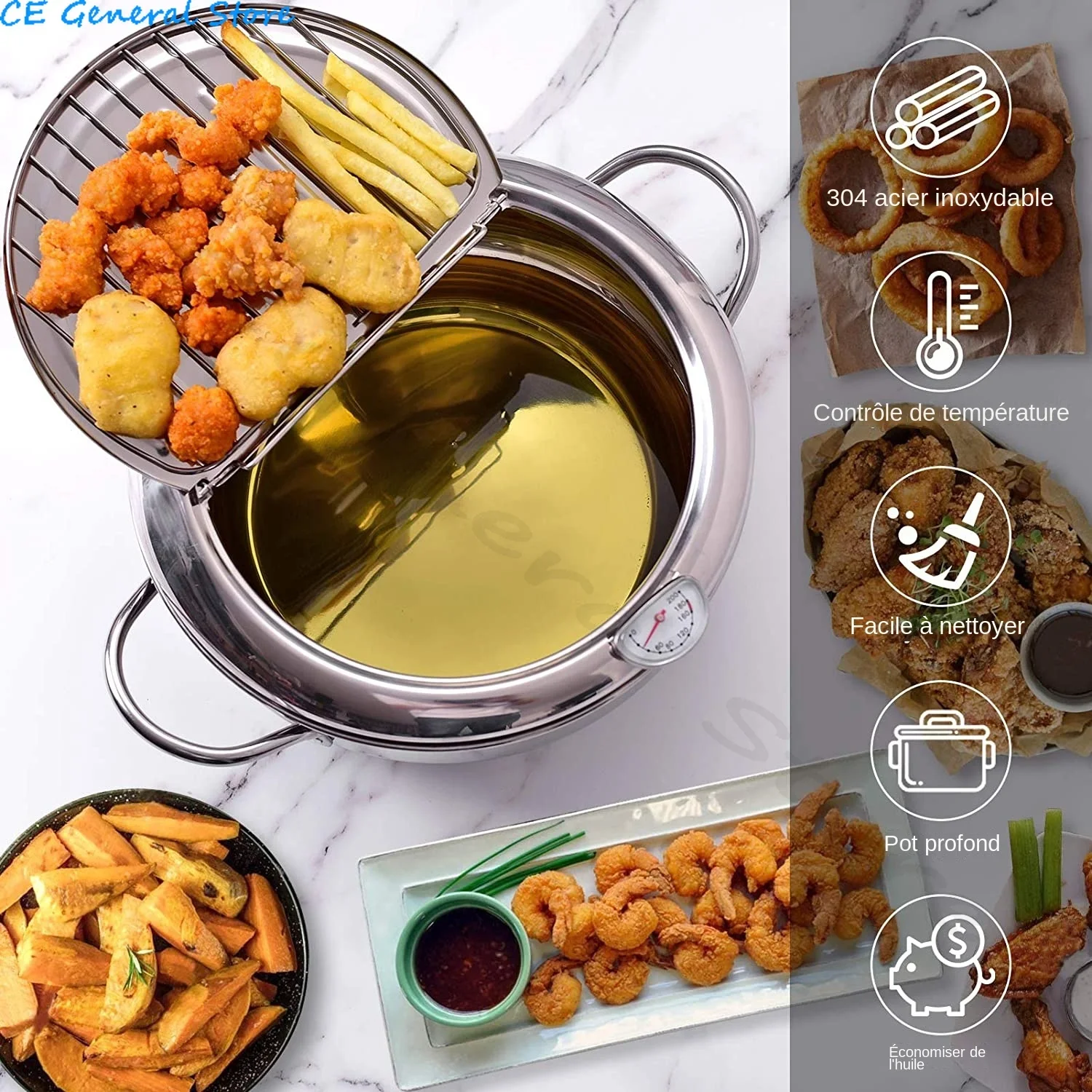 2.2L/3.2L Stainless Steel Japanese Deep Frying Pot with A Thermometer and A Lid Kitchen Tempura Fryer Pan Cooking Pot