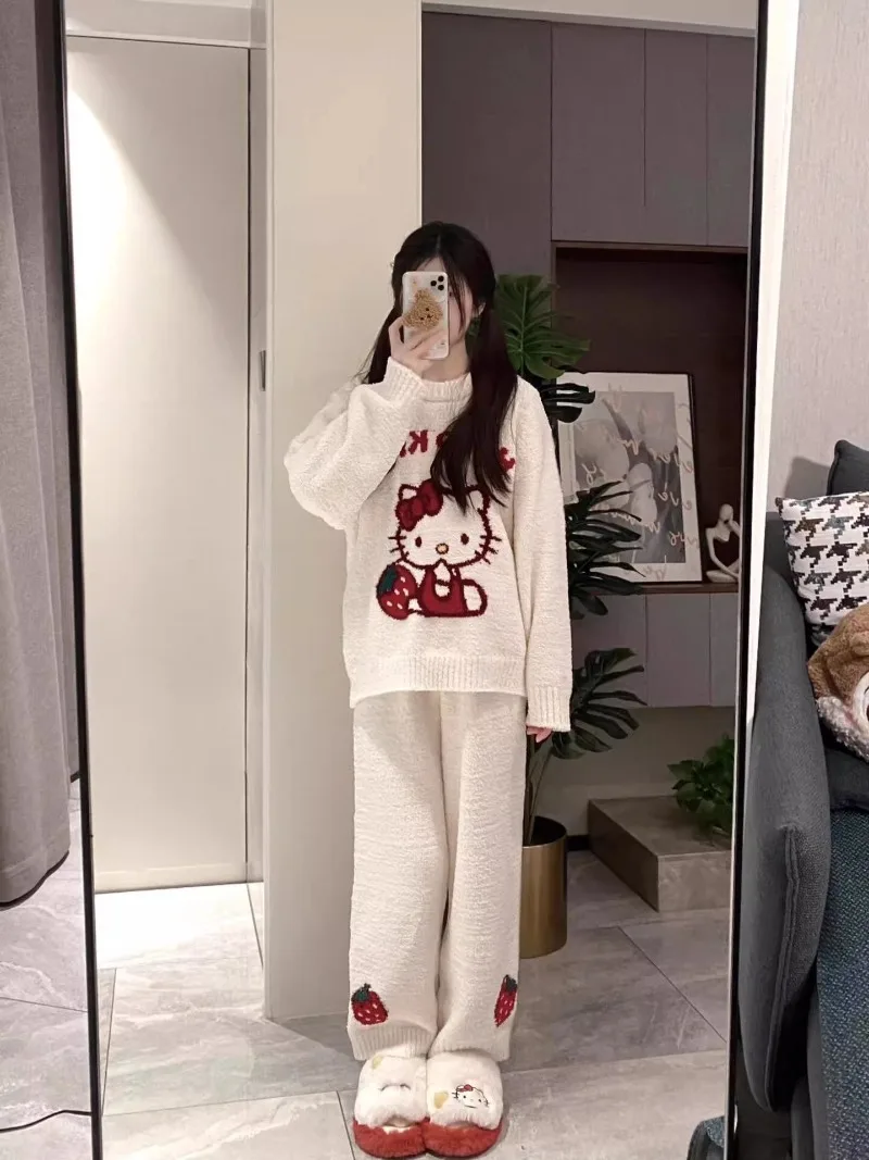 

Kawaii Hello Kitty Sanrio Add Pile Cute Cartoon Pajamas Winter Loose Comfortable Hoodie Trousers Christmas Gifts for Girls