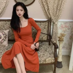 Tight Holiday Midi Female Dress Corset Orange Bodycon Women's Long Sleeve Dresses Soft on Promotion Y2k New Features of Clothing