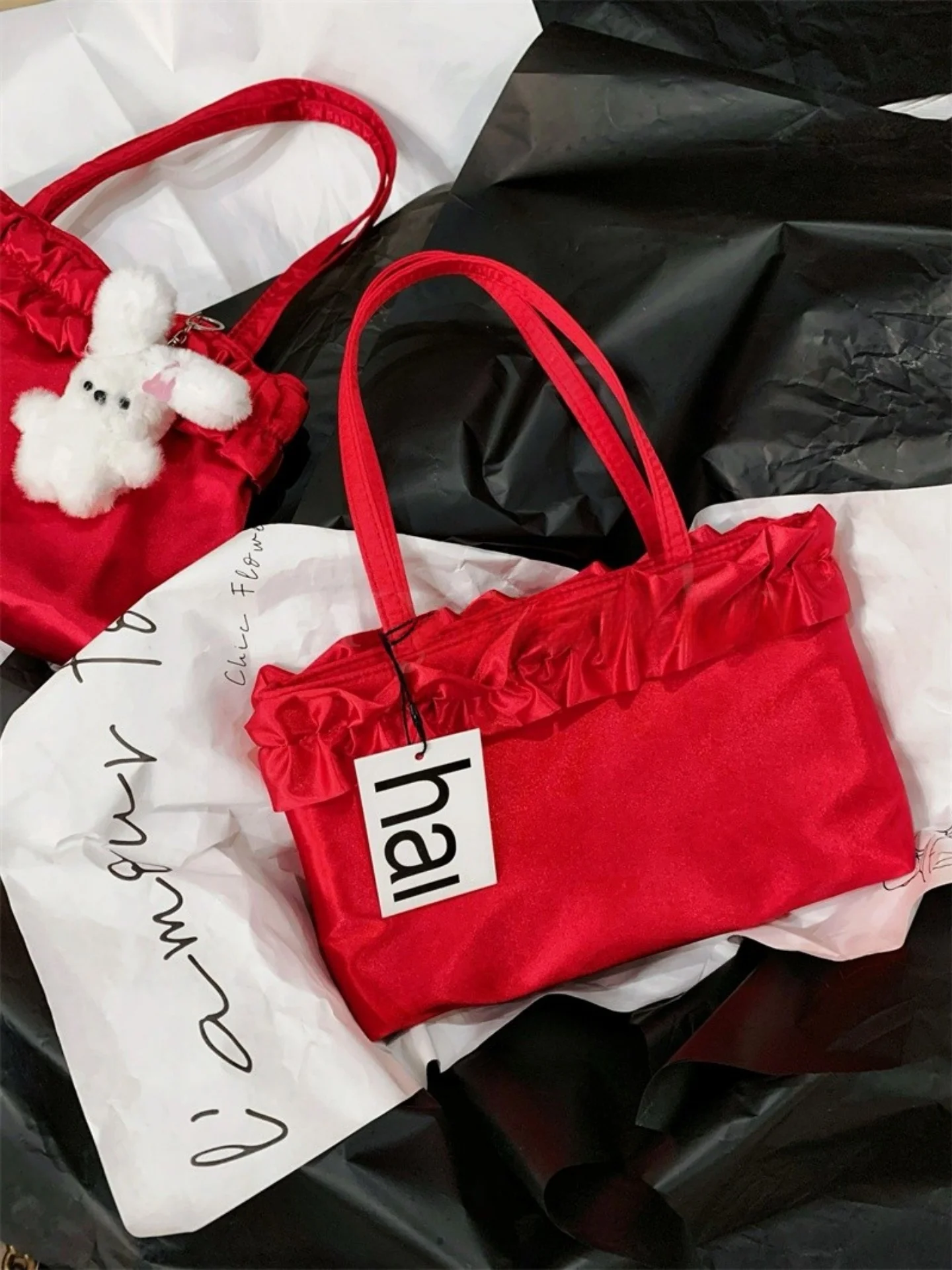 

Red Silk Tote Bag Vintage Lace Underarm Bag Handheld Bridal New Year Speciali Hai Single oulder Bag American Retro Sle
