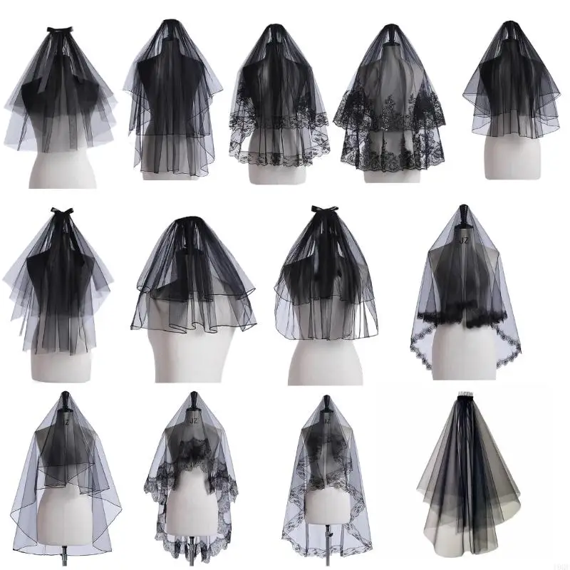 

19QF Midlength Black Veil for Halloween Festival Costume Accessories Veil Dark Series