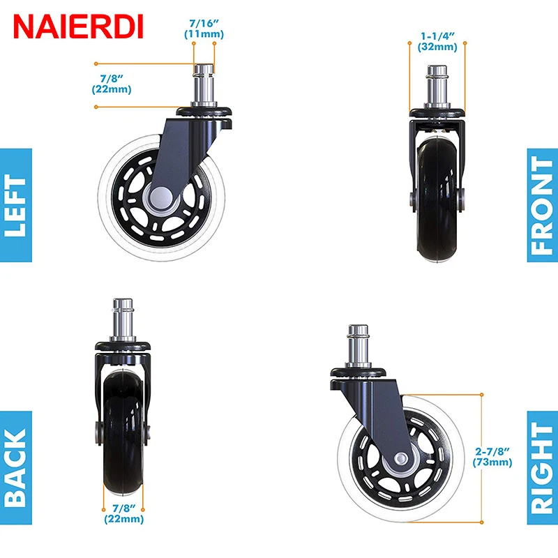 5PCS NAIERDI 3" Universal Mute Wheel Office Chair Caster Replacement 60KG Swivel Rubber Soft Safe