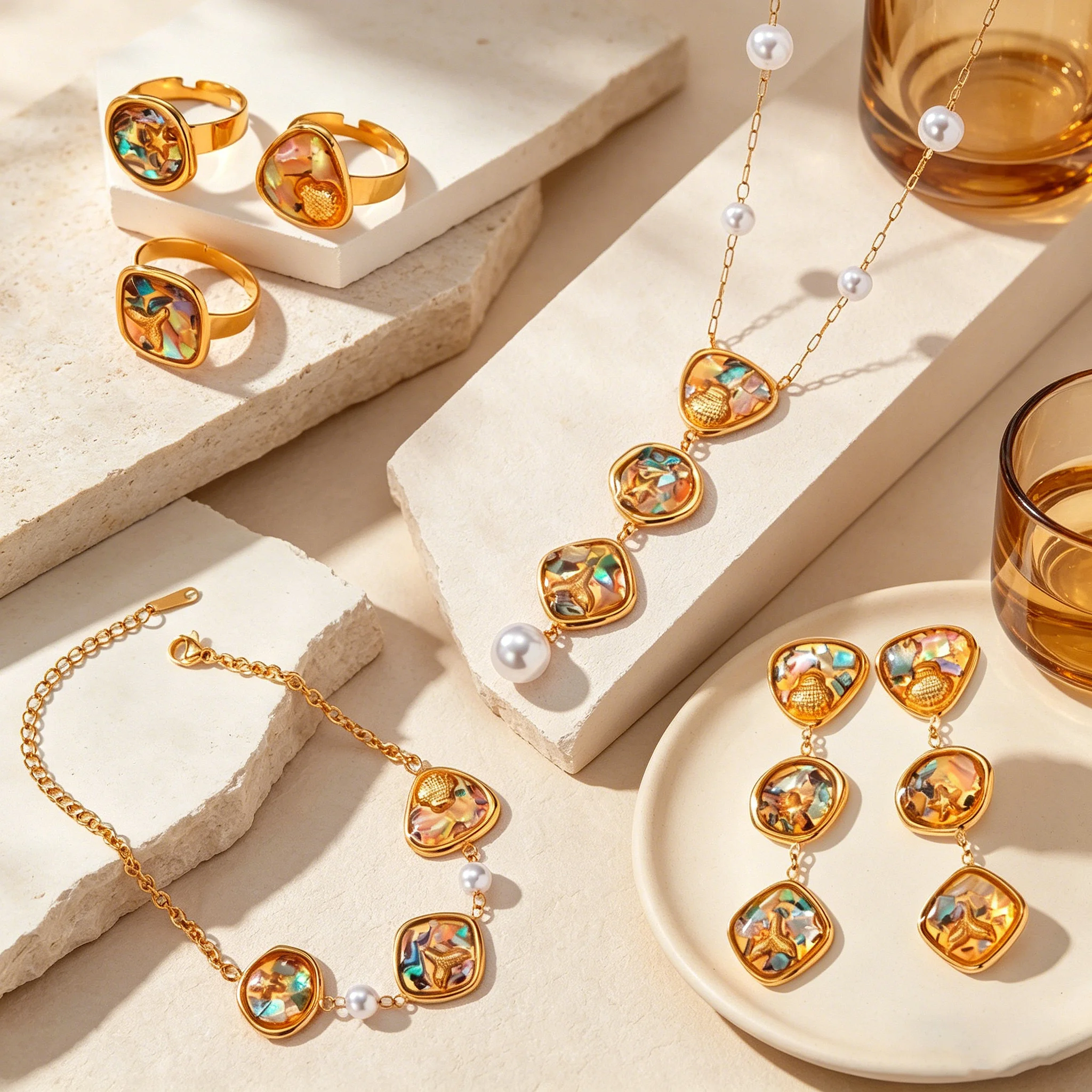 Fashion Abalone Shell Necklaces Rings Earrings Bracelet Jewelry Set For Women Stainless Steel Ocean Series Summer Jewelry  Gifts - view 3