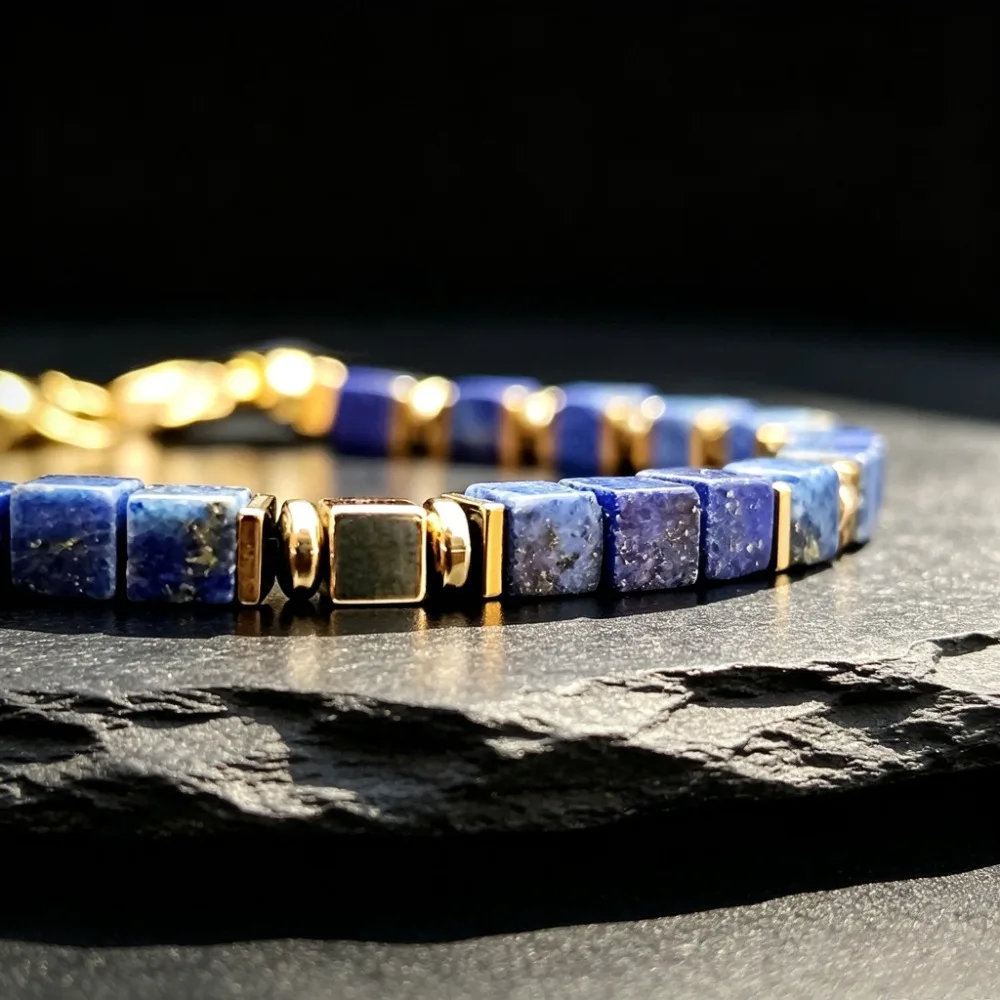 Vintage-style blue lapis lazuli square beaded fortune bracelet, handmade natural stone skin-friendly jewelry, attracts prosperity and opportunities, the best gift choice for friends