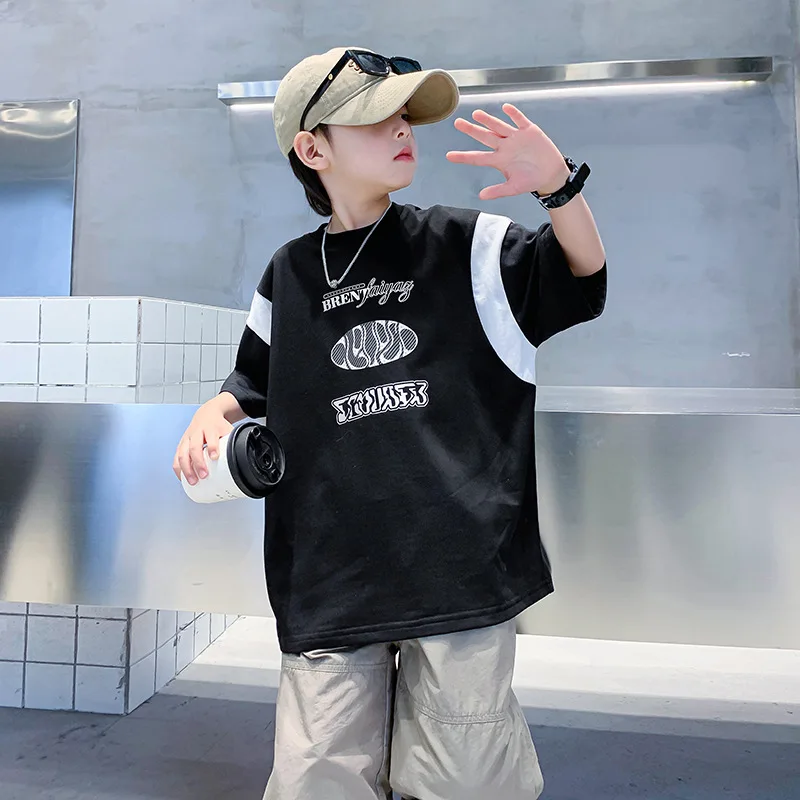 

Boys' Summer Clothes Contrast Color Short Sleeve Cotton LooseTT-shirt2024New Children's Boys' Summer Ruan Handsome Half Sleeve T