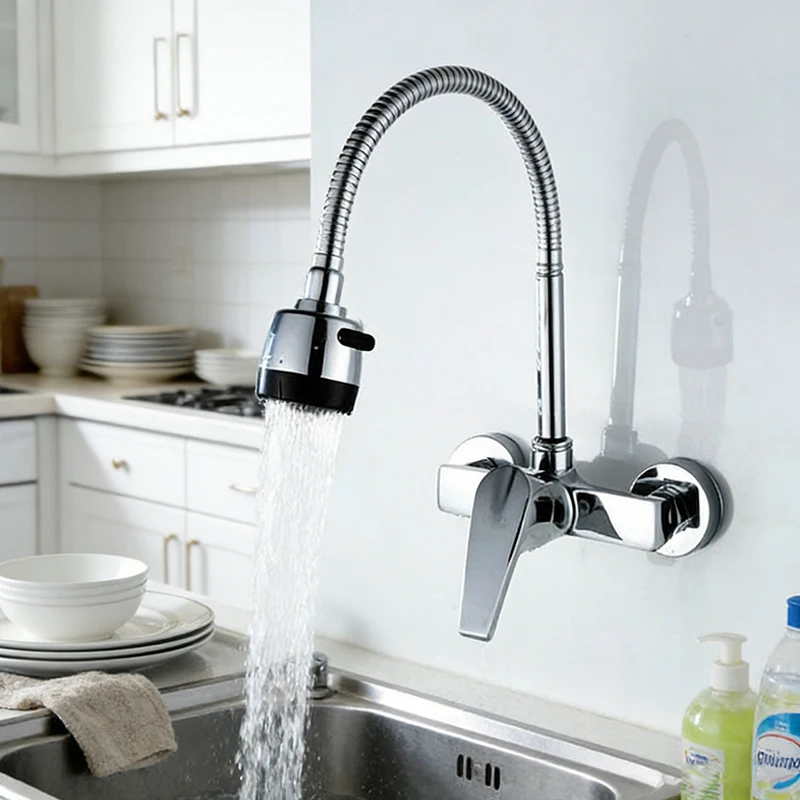 

Dual Hole Wall Mounted Kitchen Tap, Anti-Corrosion Brass Chrome Mixer Faucet for Kitchen Sink, Modern Design