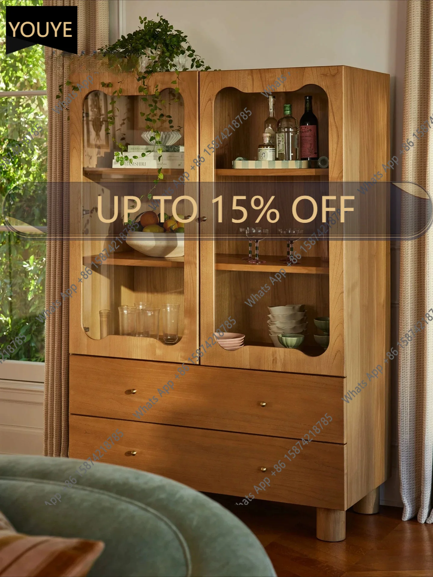 K65 Designer Solid Wood Bookcase, Side Living Room, Second-hand Cabinet, Light Luxury, Cloud High Cabinet, Glass Bucket, Second-