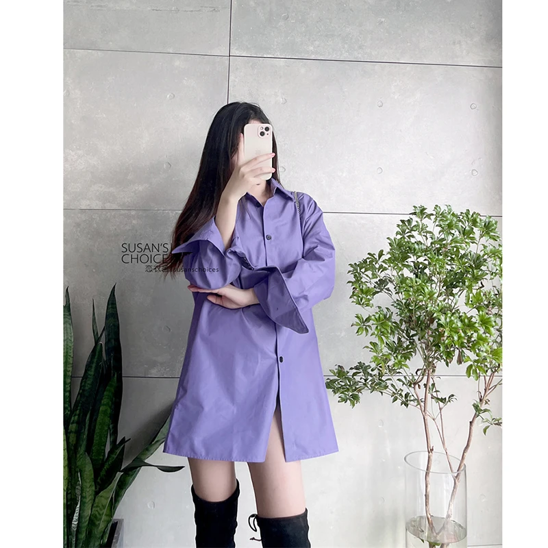 

Susan Faion Ранняя осень Свободный дизайн из чистого хлопка Long Sve Purple irt Женские универсальные повседневные рукава для поездок на работу