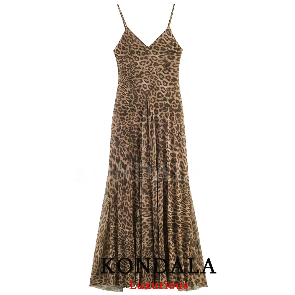KONDALA Vintage Sexy Women Long Cami Chiffon Dress Leopard Beach Holiday Party Dress Fashion 2026 Spring Summer Elegant Dress - Image 4