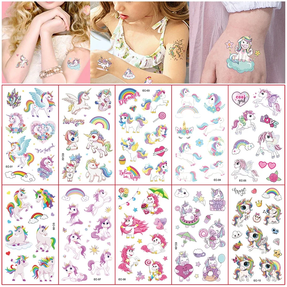 10Pcs/Set Child Tattoo Sticker Unicorn Princess Temporary Fake Kids Tatoo Girl Arm Hands Body Waterdichte Tatouages Pour Enfants