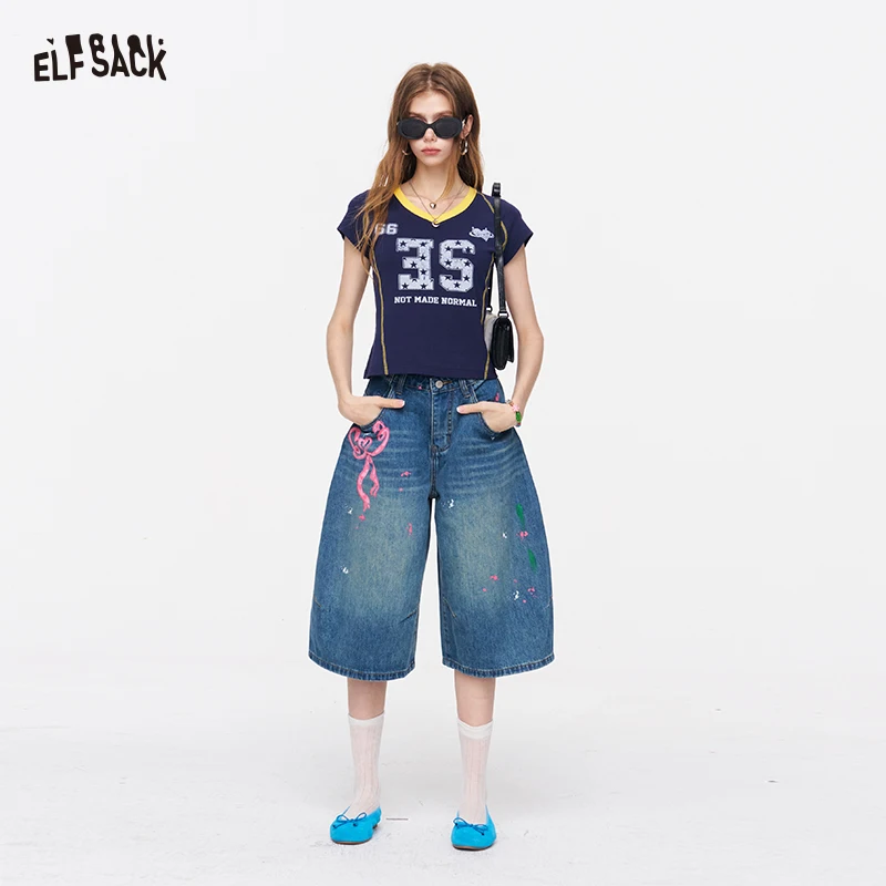 

ELFSACK Crochet Floral Patches Denim Culottes, Graffiti Bow Print Wide Leg Cropped Jeans, Y2K Streetwear