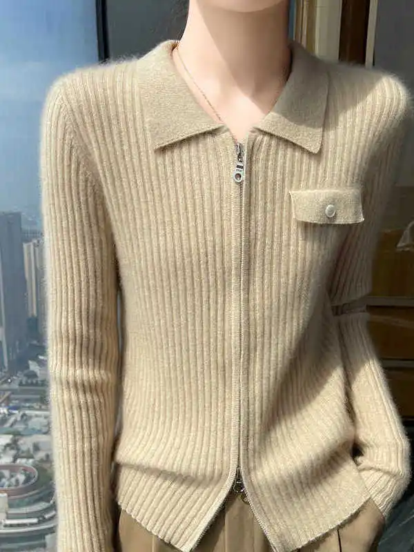 

Свободный женский кардиган на двойной молнии из смесовой шерсти, удобный крой, корейский стиль, длинный рукав, готов к повседневной носке