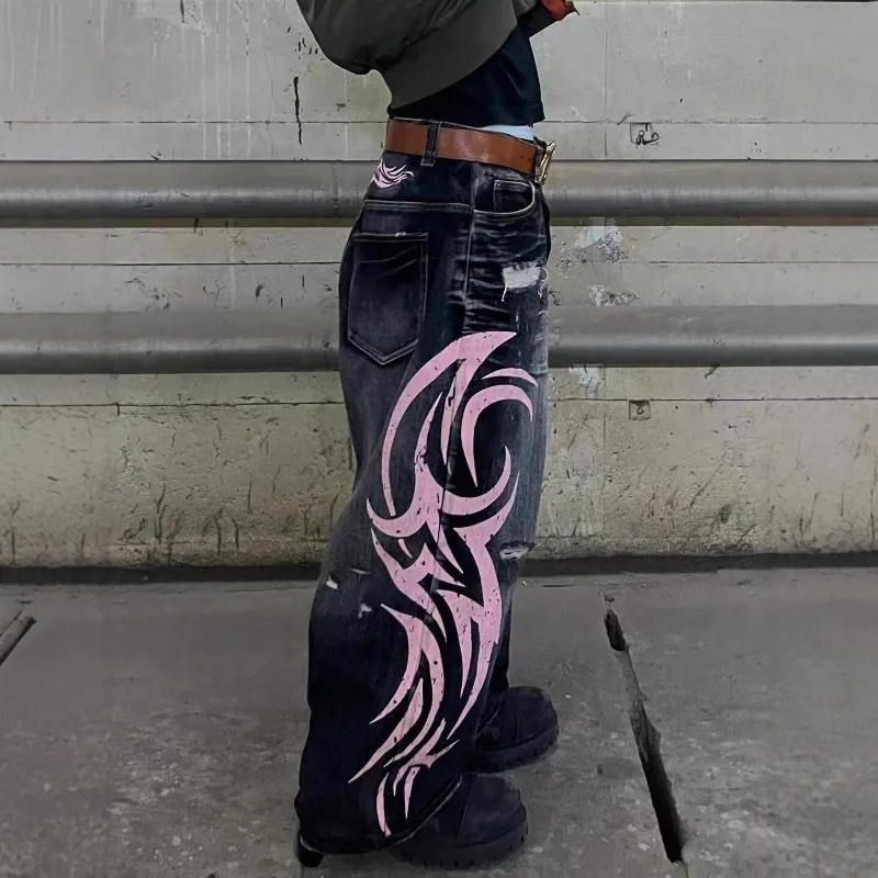 عالية الشارع الشهير المطبوعة Y2k الجينز النساء الشباب الهيب البوب فضفاض جان الرجال للجنسين موضة بنطال ذو قصة أرجل واسعة موضة Y2k الملابس الدنيم بانت #2