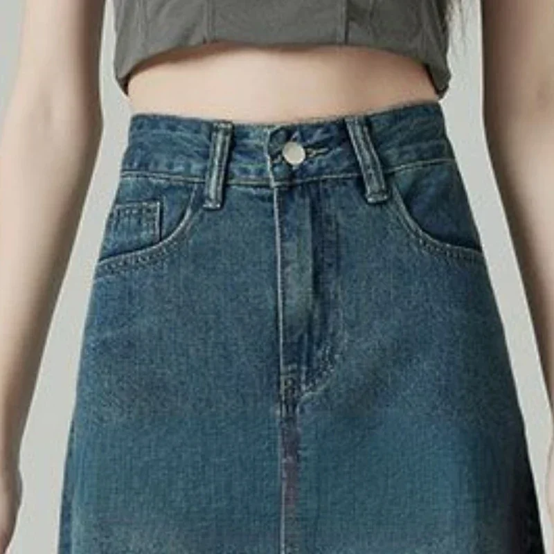 تنانير نسائية من قماش الدنيم بفتحة خلفية ميدي ملابس خروج فضفاضة عتيقة أنيقة على شكل حرف a نمط كوري غير رسمي للسيدات ربيع Faldas بسيط