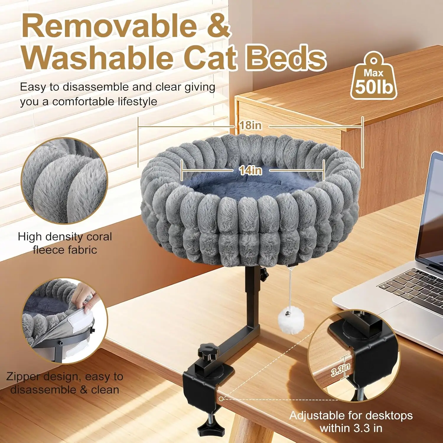 Cat Bed for Desk, 360° Rotating, Height Adjustable, Soft Faux Fur, Removable Washable Cover, Supports 50 Lbs