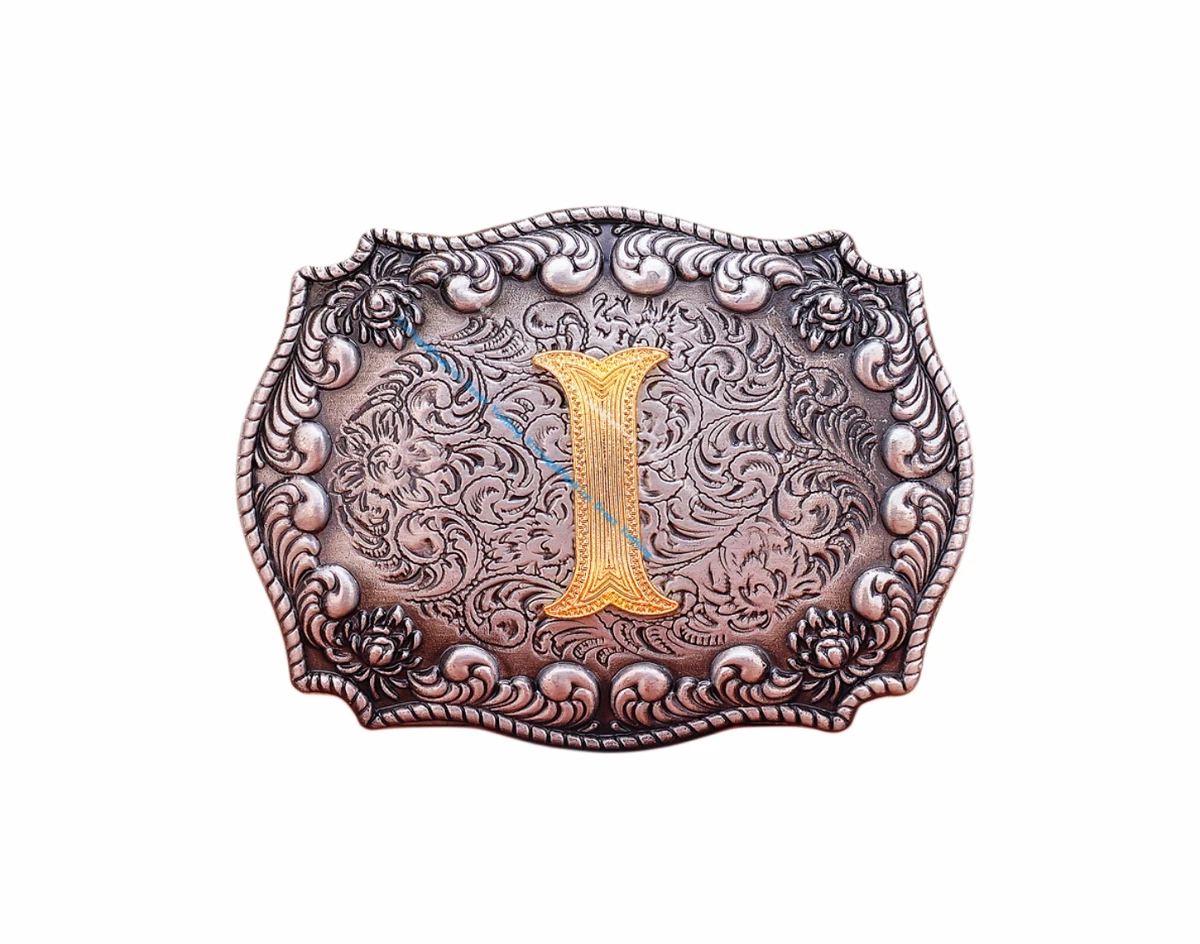 

BKD0638 40mm Men's Western Cowboy Gold Letter I Flower Engraved Ranger Rodeo Rope Side Leathercraft Handcraft DIY Belt Buckle