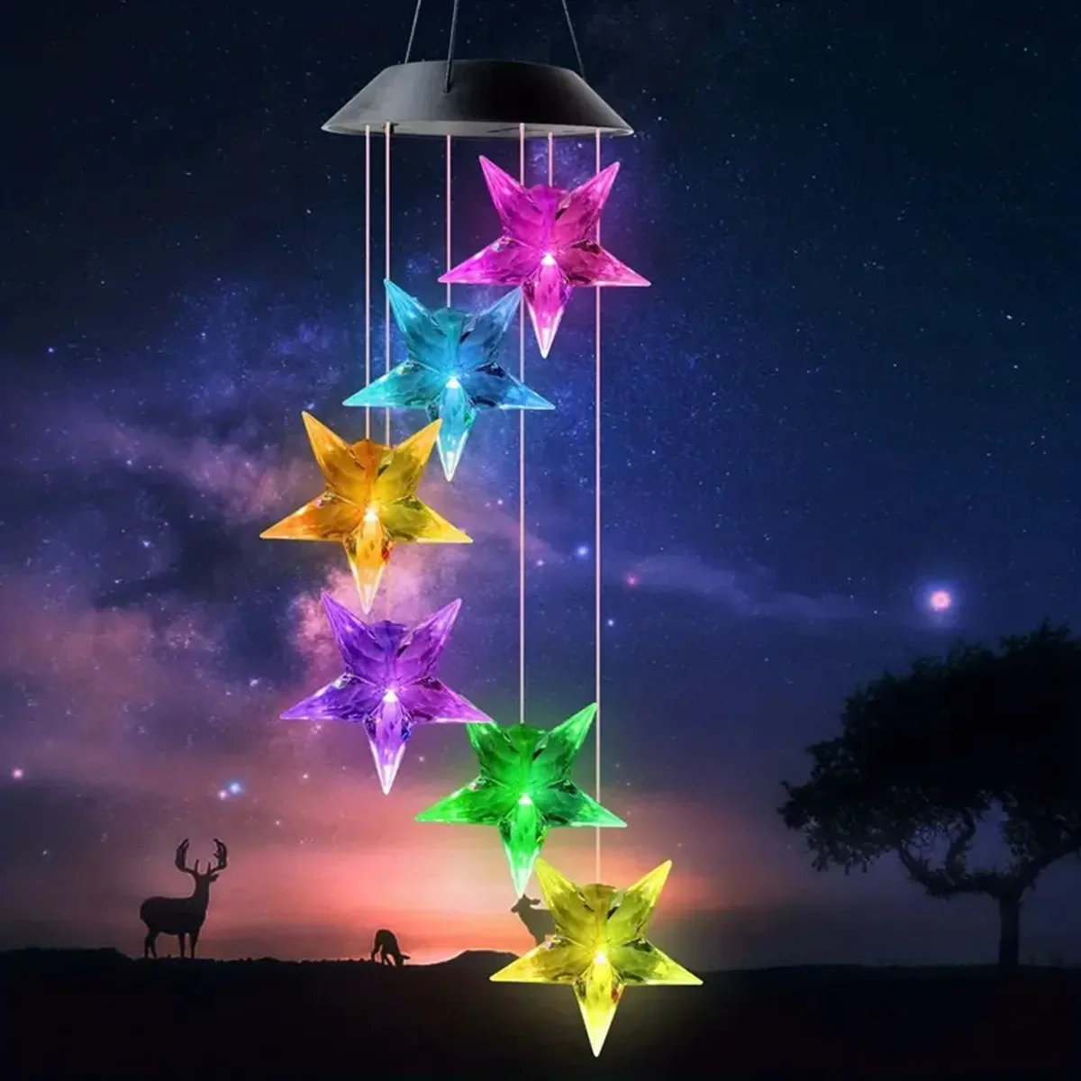 Pop 1pc Solar Luminous Wind Chime Light Waterproof Hanging Mobile With Moon And Star For Porch Lawn Balcony Decor Birthday Gifts