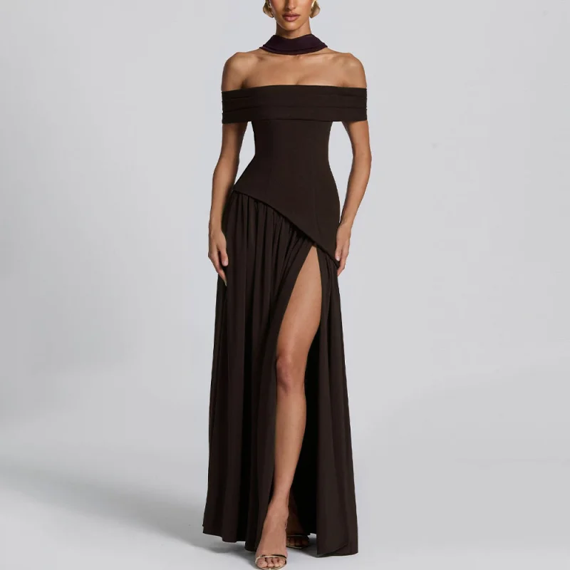 

Strapless Backless Long Dress European American Style Autumn Fashion Ruched Patchwork Ribbon Design Women's Fashionable Gown