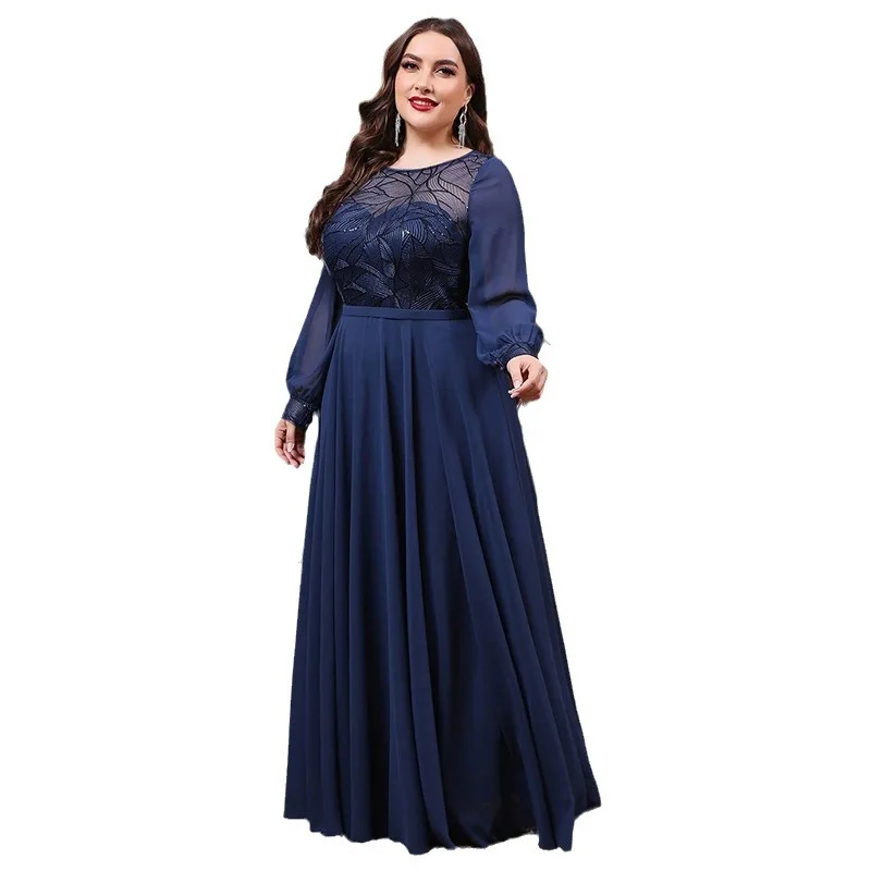 

Elegant Embroidery Long Sleeves Plus Size Formal Evening Dress Blue