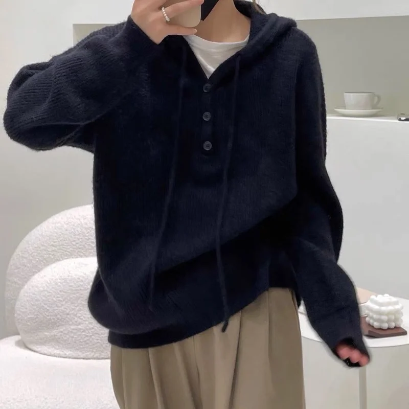 2023 Autumn Korean Edition Slouchy Loose Sweater Outerwear Versatile Top Milk White Hooded Knit