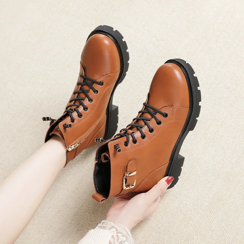 2024 Short Shoes for Women Female Ankle Boots Platform with Laces Combat Lace-up Footwear Chunky Booties Punk Style Leather