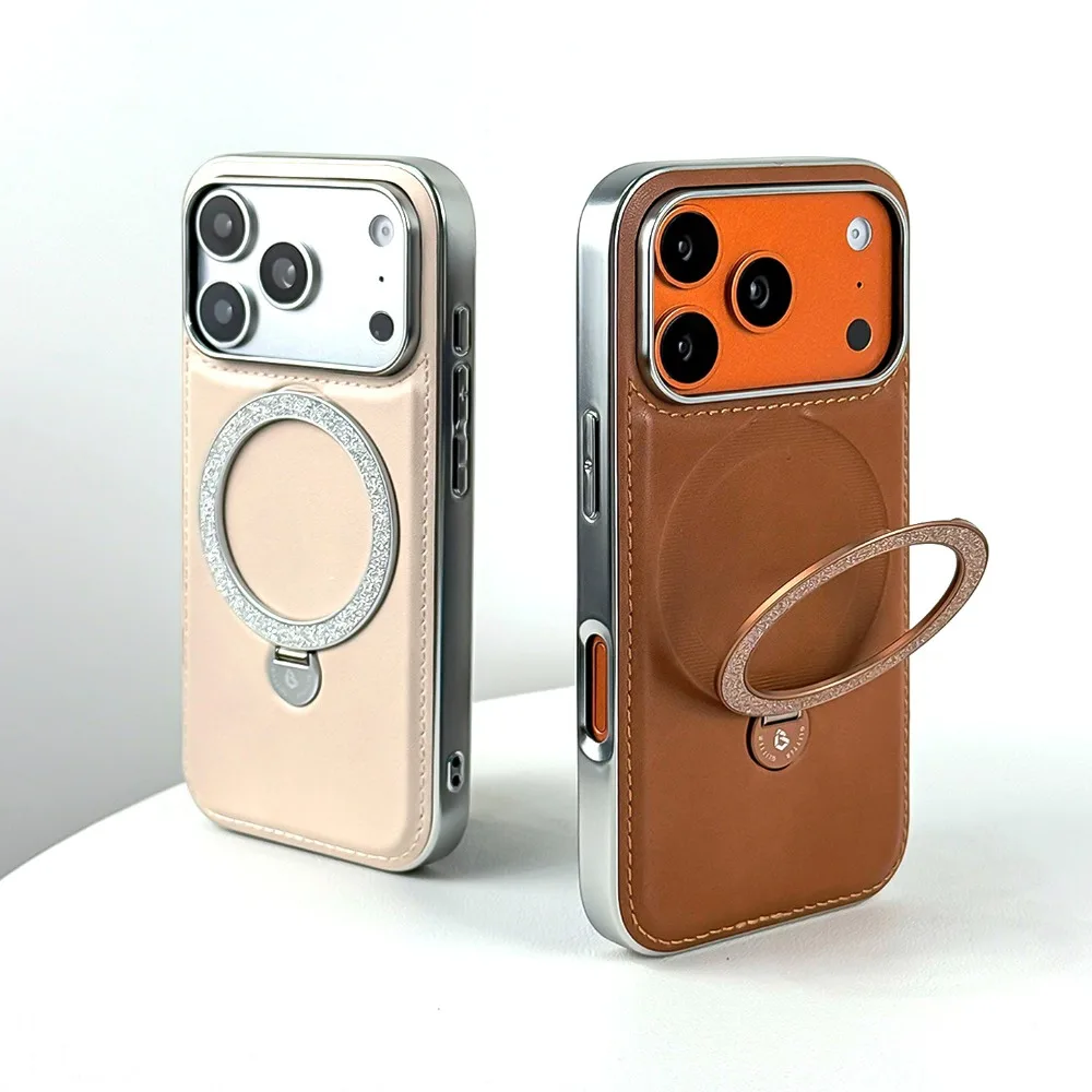 

For iPhone 17 Pro Max Case Magnetic Leather Texture Ring Stand Glitter Shockproof Cover Compatible with iPhone 16 15 14 13
