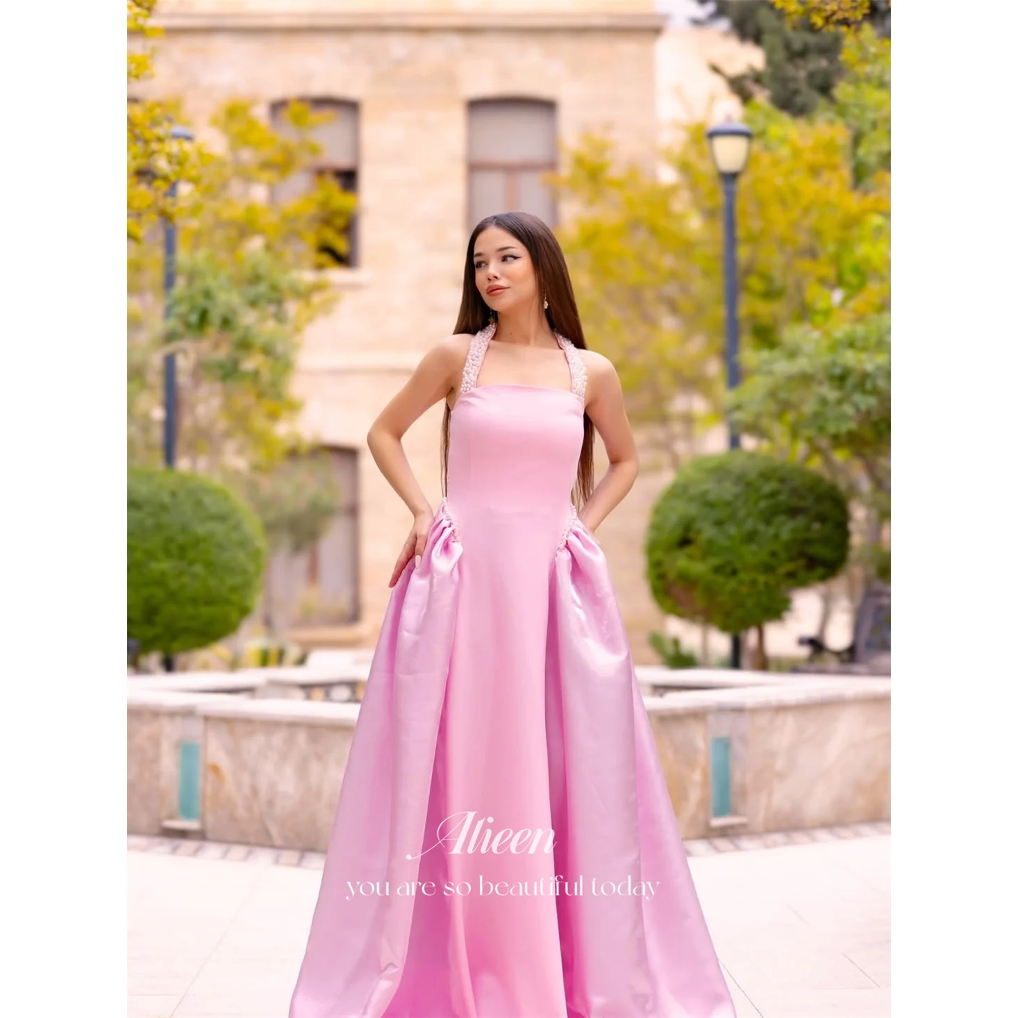 Aileen Satin Halter Pink Ball Gown Evening Dress 2026 Prom Dress Beading Elegant Luxury Formal Customized Robes de Soirée