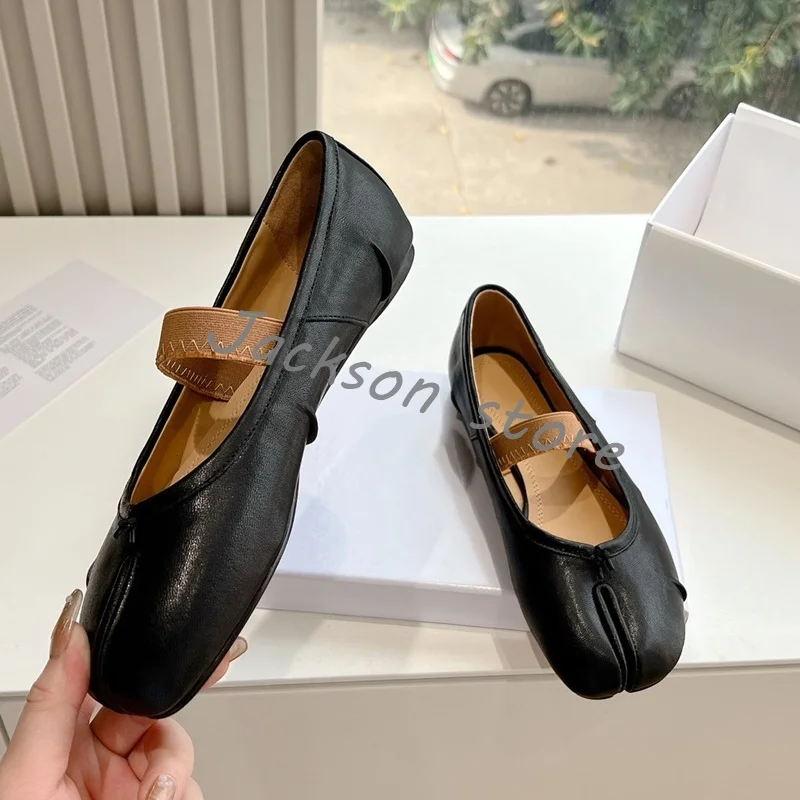 Women's Split Toe Thick Heel Flat Soled Vintage Mary Jane Doll Toe Ballet Slippers Soft Bottom Leather Slip On Summer Loafers