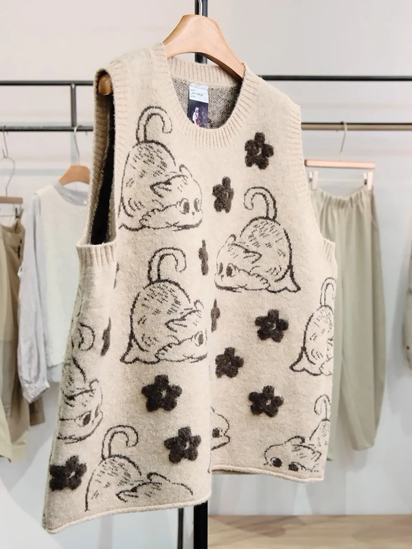 Autêntico outono inverno redondo ne malha colete feminino faion retro dos desenhos animados modelado colete meninas roupa interior produção chinesa