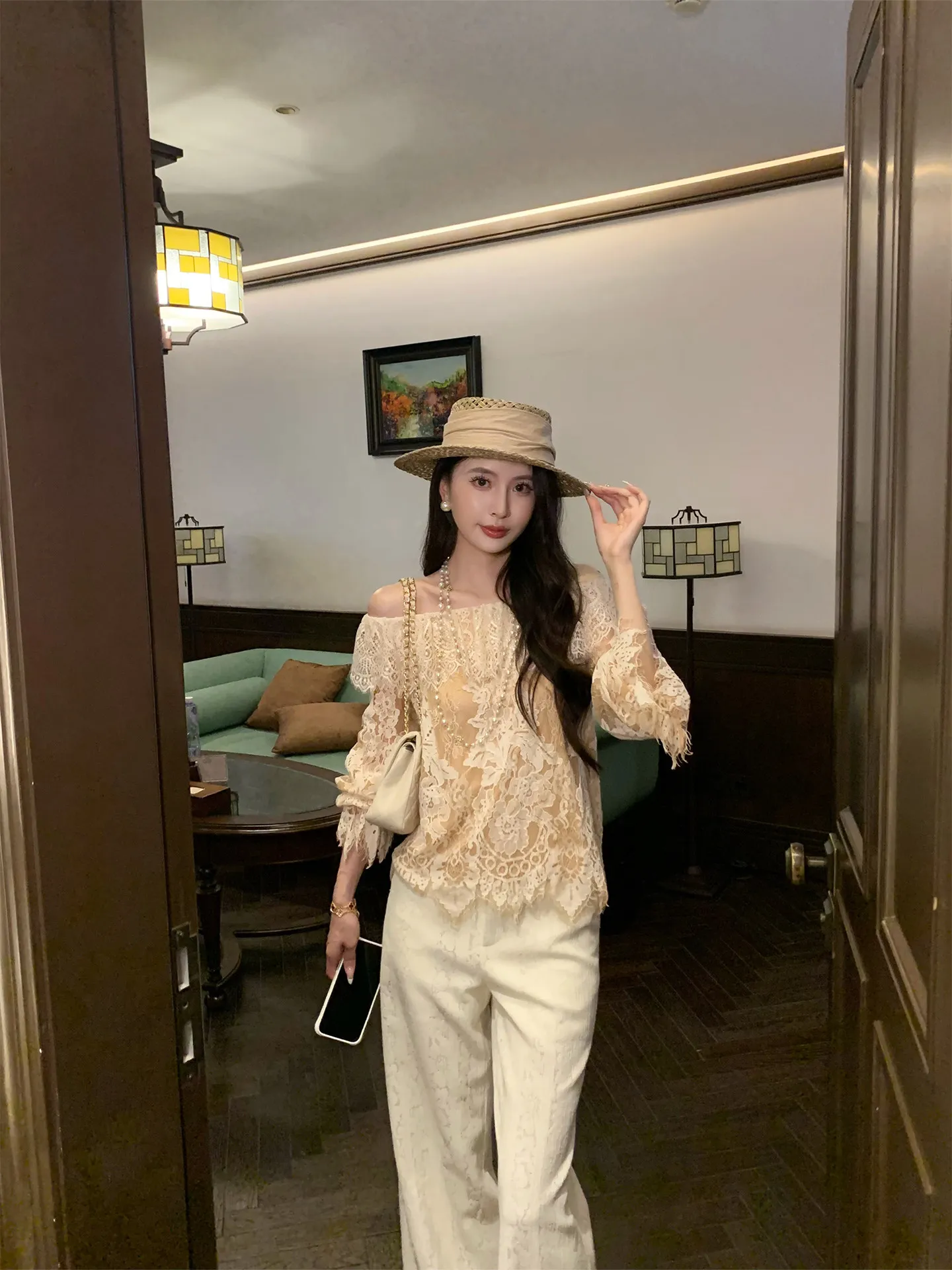 

Kun Total【Amber Pine Forest】Lace Long Sve irt Women's Spring Elegance One oulder Top New Sle Cotton Nylon Blend